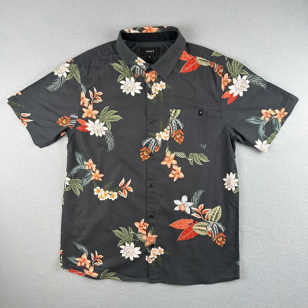 Roark Short Sleeve Button Down Mens M Charcoal Grey Tropical Floral Print Shirt
